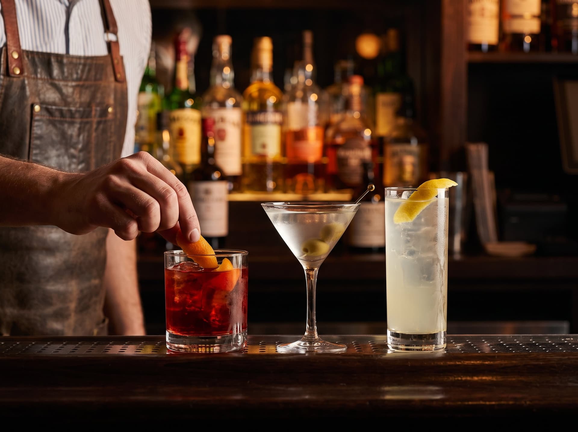 Three finished cocktails on a dark bar rail with a garnish being added