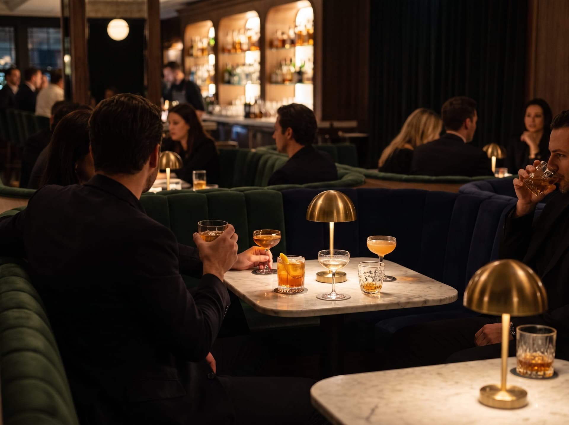 A cocktail lounge with velvet booths, brass lamps and guests at marble tables