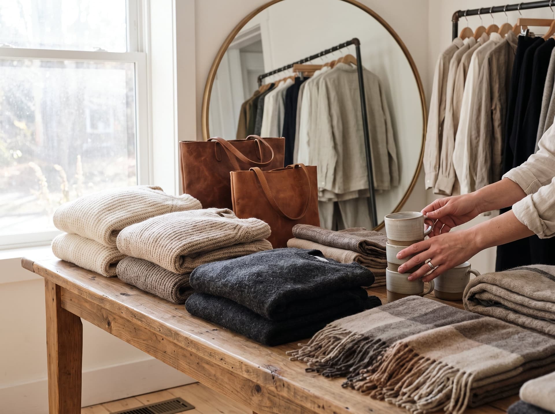 A boutique display table of folded knitwear, leather bags and scarves