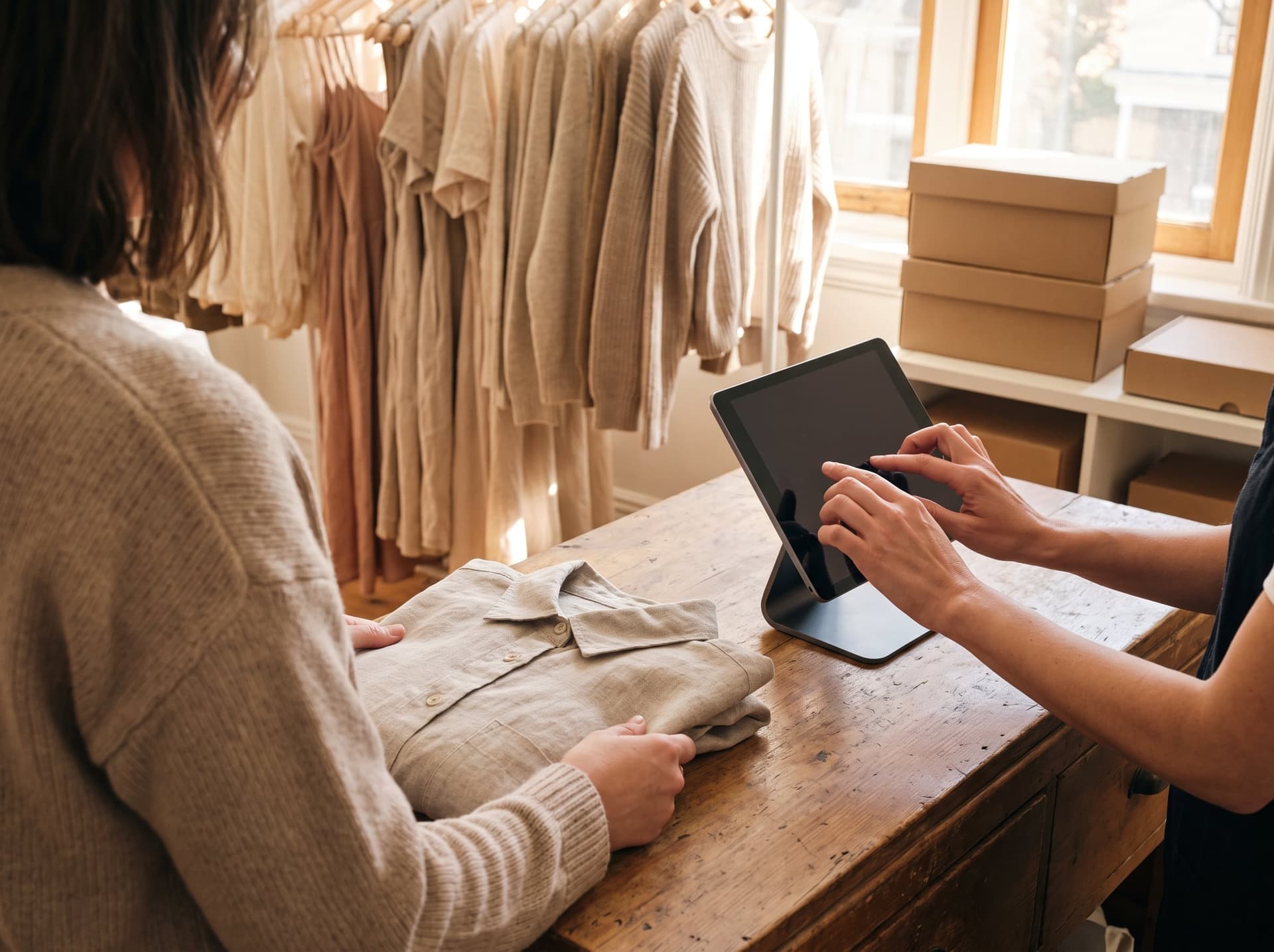 A customer at a boutique counter while the owner rings up on a tablet POS