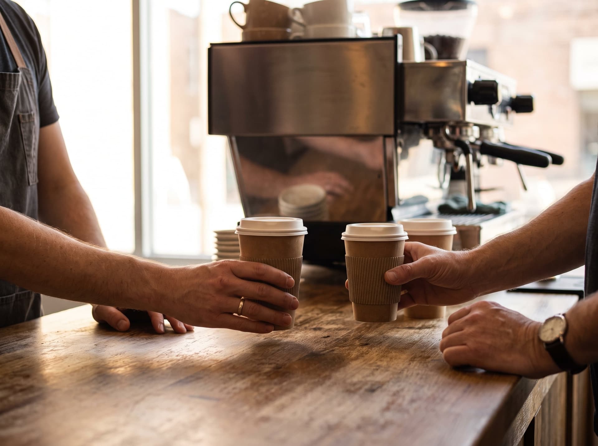 A barista sliding a takeaway cup across the pickup counter to a customer