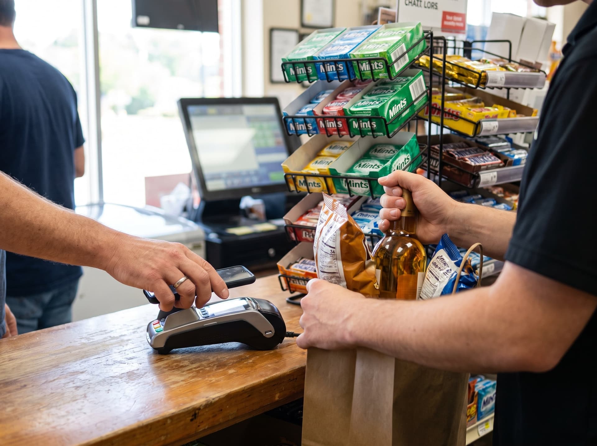 A customer tapping a phone on the card reader at a convenience counter