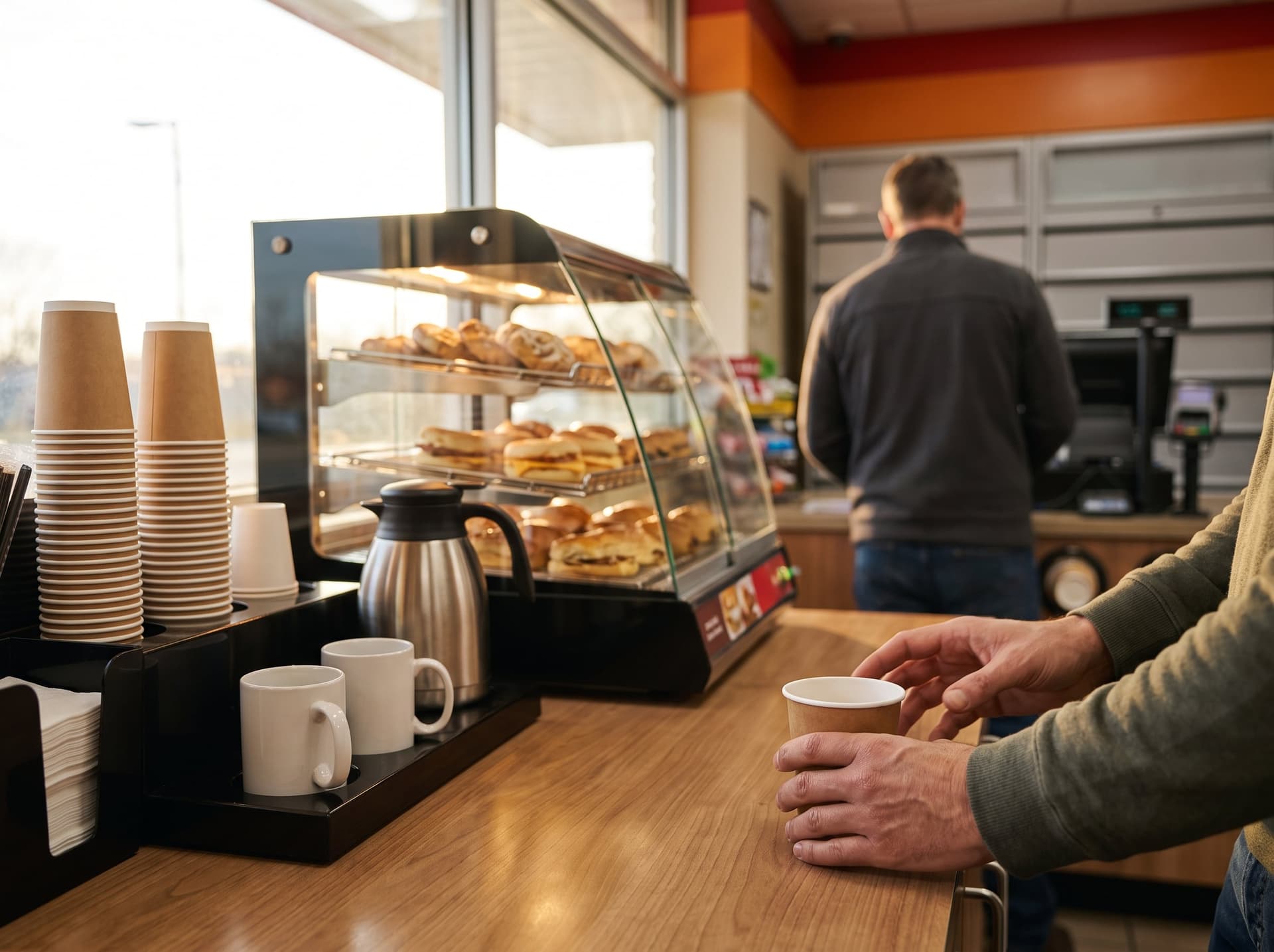 A fuel-station shop with a coffee station and hot food case
