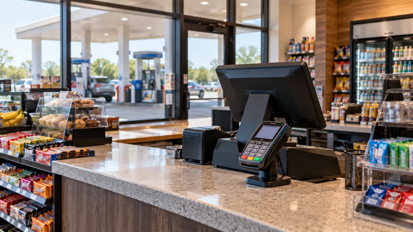 A fuel-station counter with the POS and card reader beside the window to the pumps