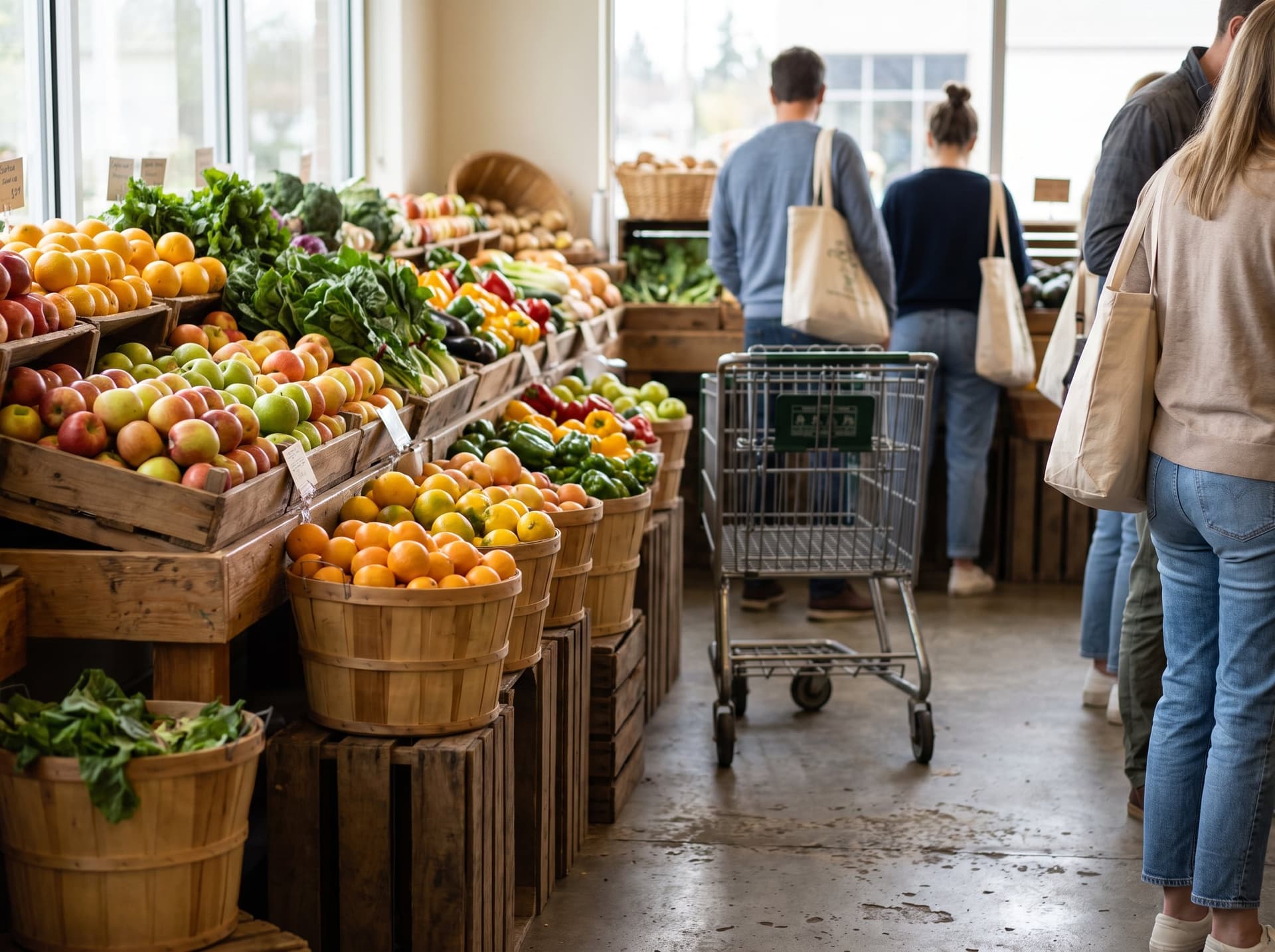 A bright grocery produce department with crates of fruit and a shopping cart