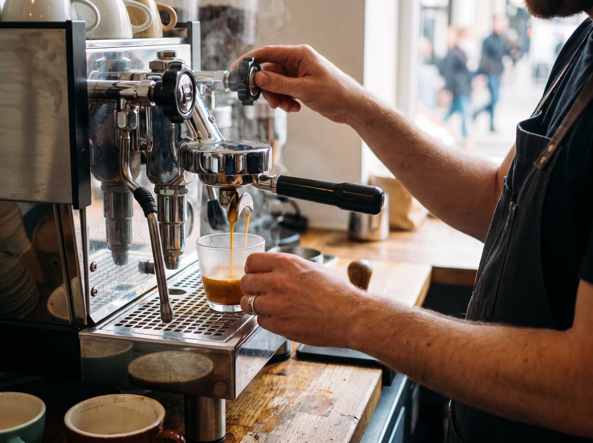 An espresso shot pouring into a small glass from a chrome machine