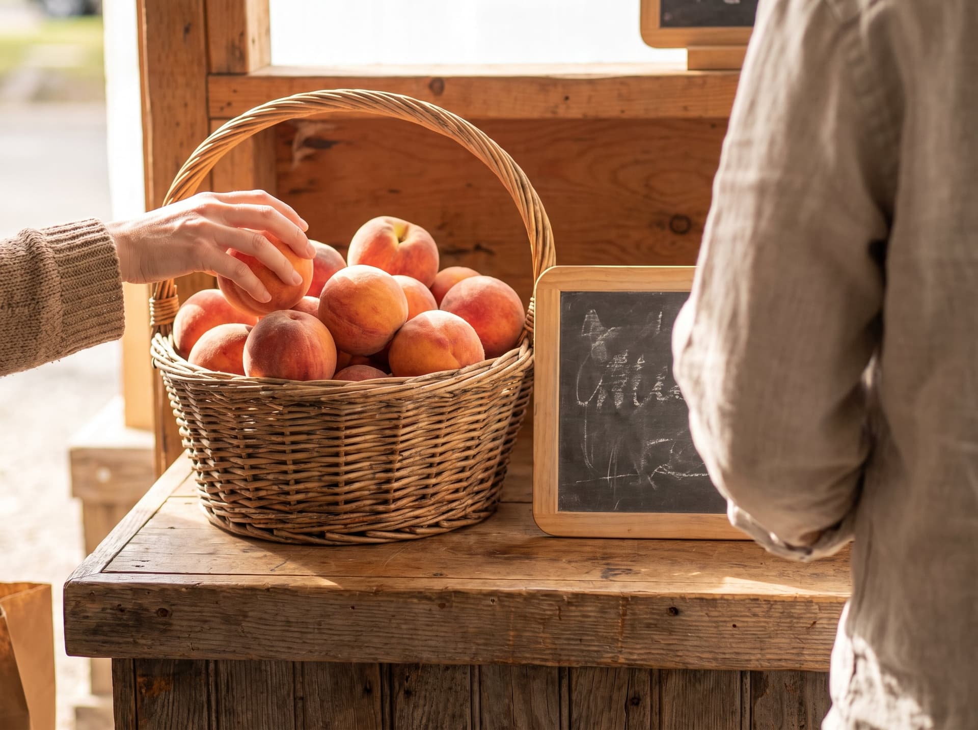 A hand reaching for a peach from a basket on a market shop counter