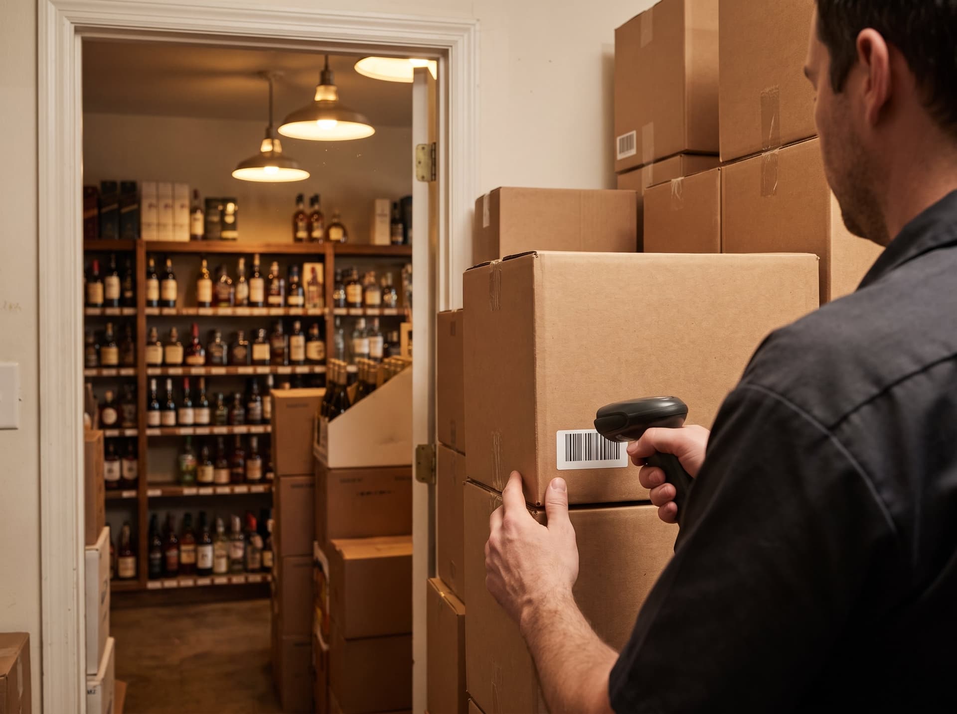 A hand scanning a case barcode in a liquor store stockroom