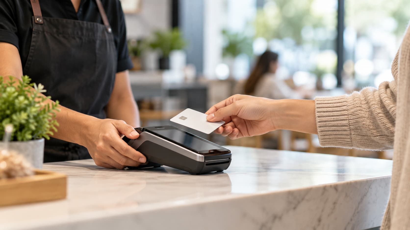A customer tapping a card on the counter terminal
