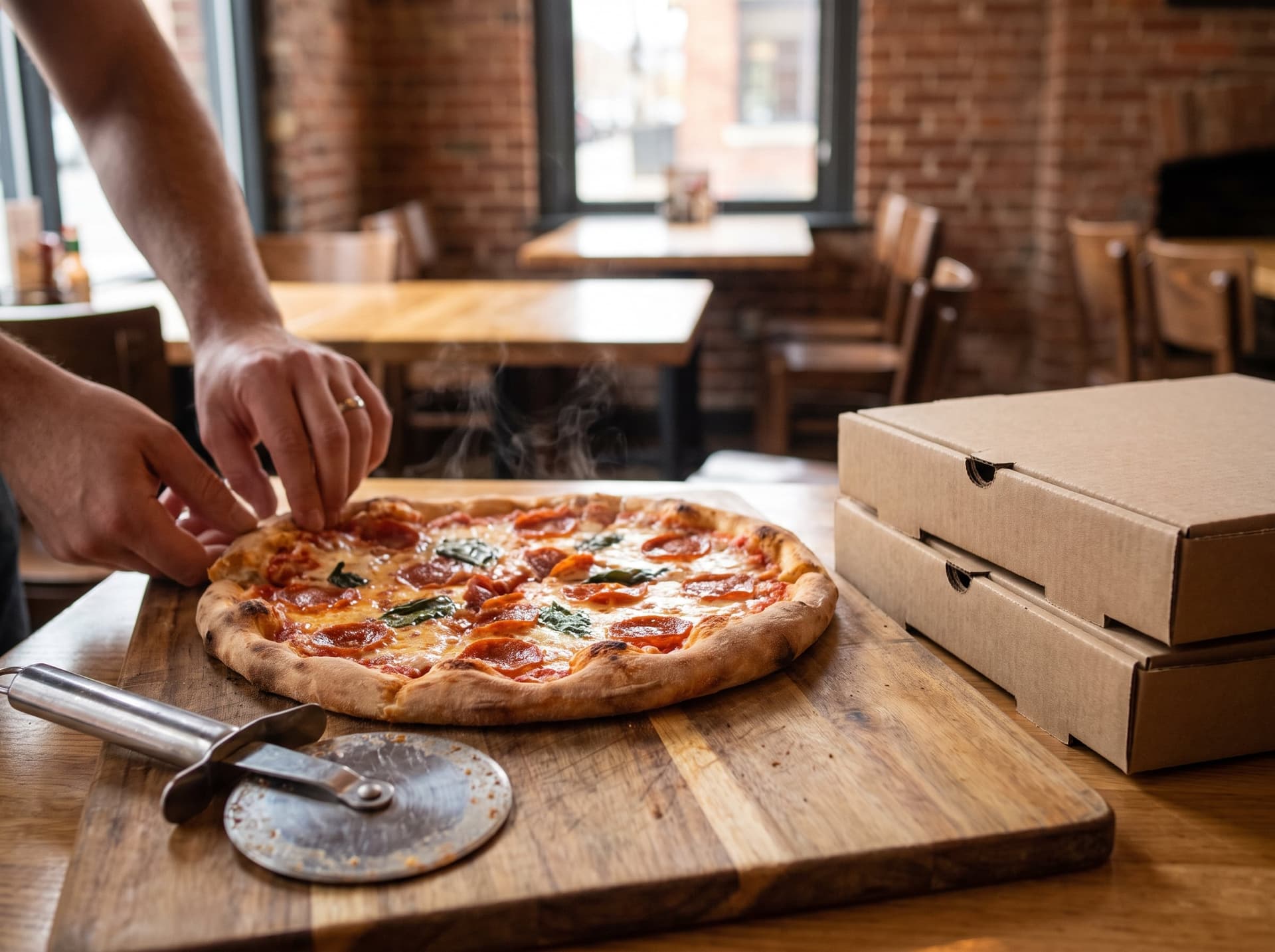 A whole pepperoni and basil pizza on a wooden board beside stacked pizza boxes