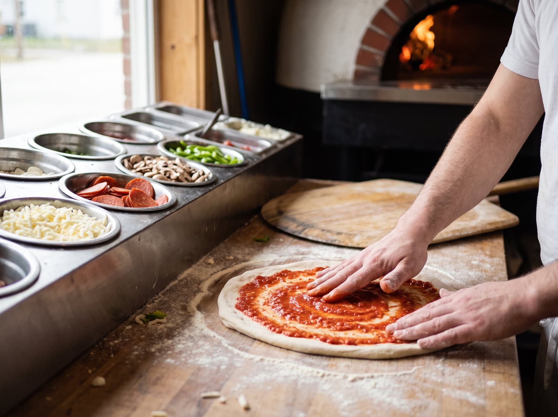 Hands spreading sauce on dough at a pizzeria make line with the oven behind