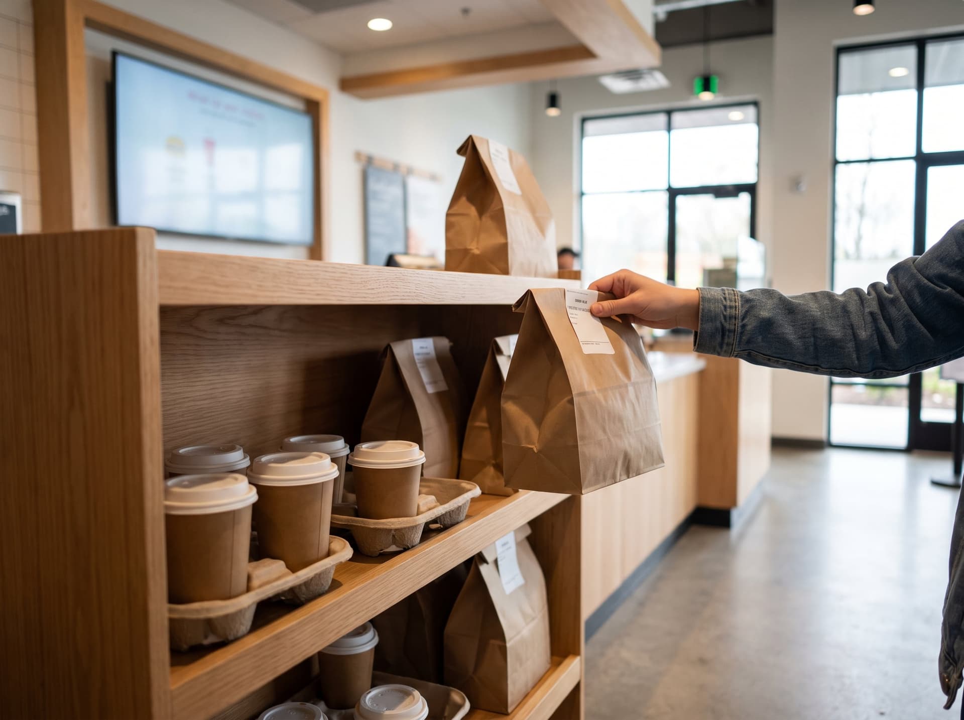 Takeout bags and drink cups waiting on a quick-service pickup shelf