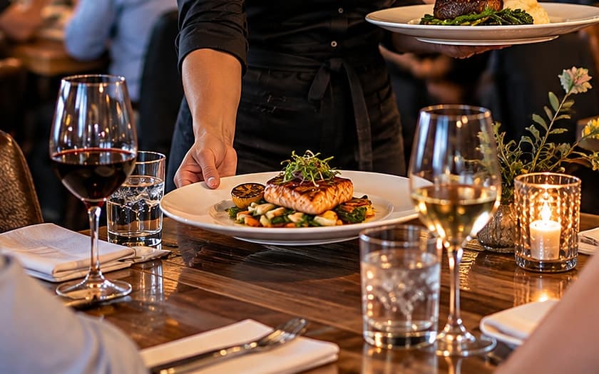 A server setting a plate of salmon on a candlelit table set with wine