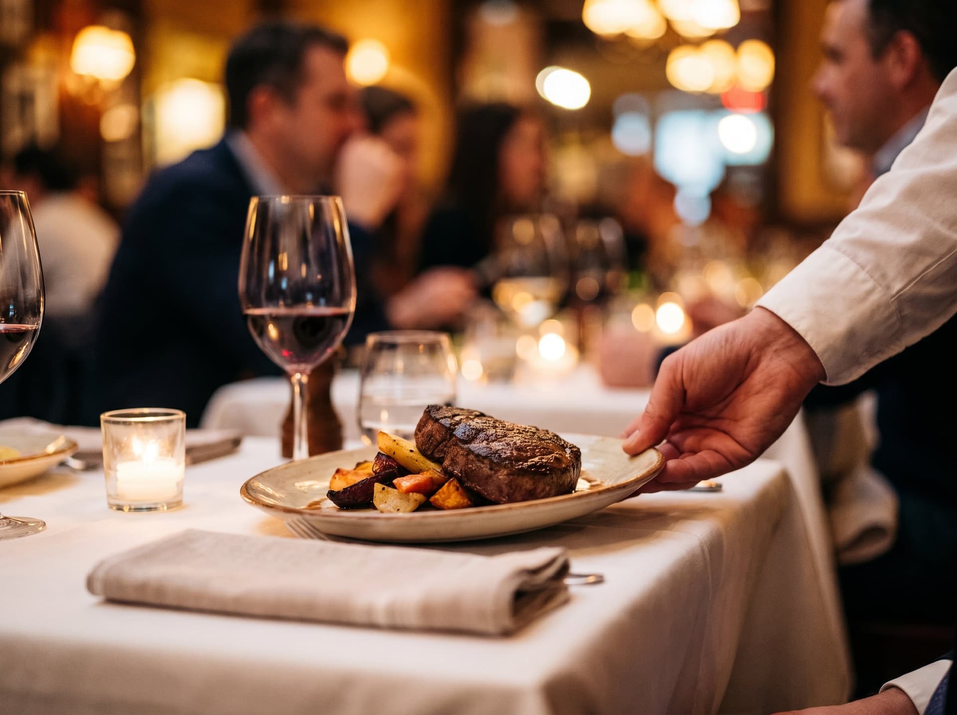 A server setting down a plated steak on a candlelit table set with wine