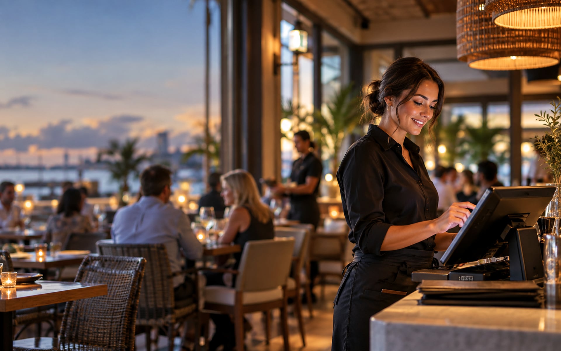 A server ringing up an order on the POS in a busy, premium restaurant