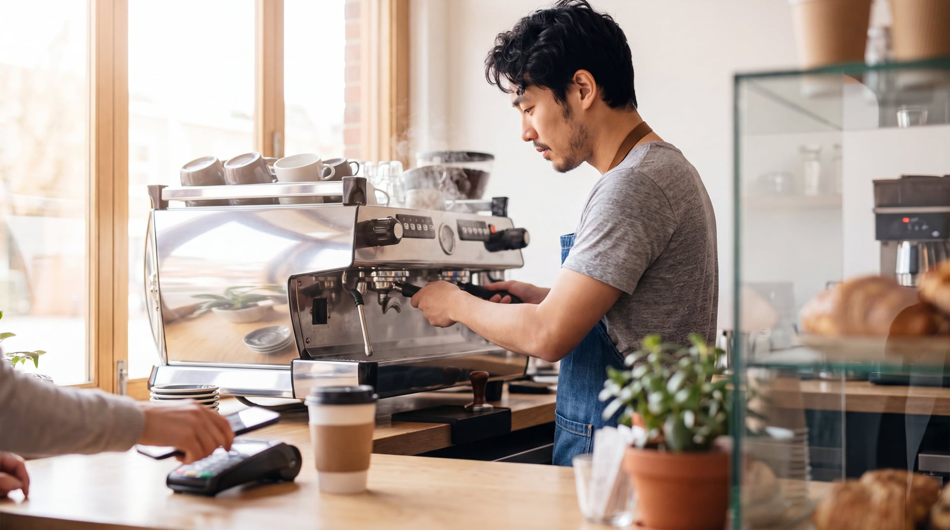 A barista pulling an espresso shot while a customer pays at the counter