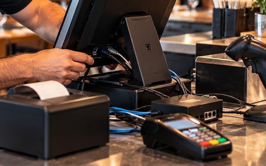 A technician’s hands cabling the POS terminal, printer and card reader at a counter