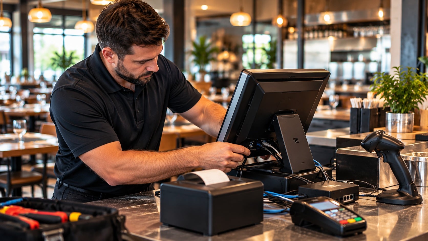 A technician installing and configuring a POS terminal at a merchant counter