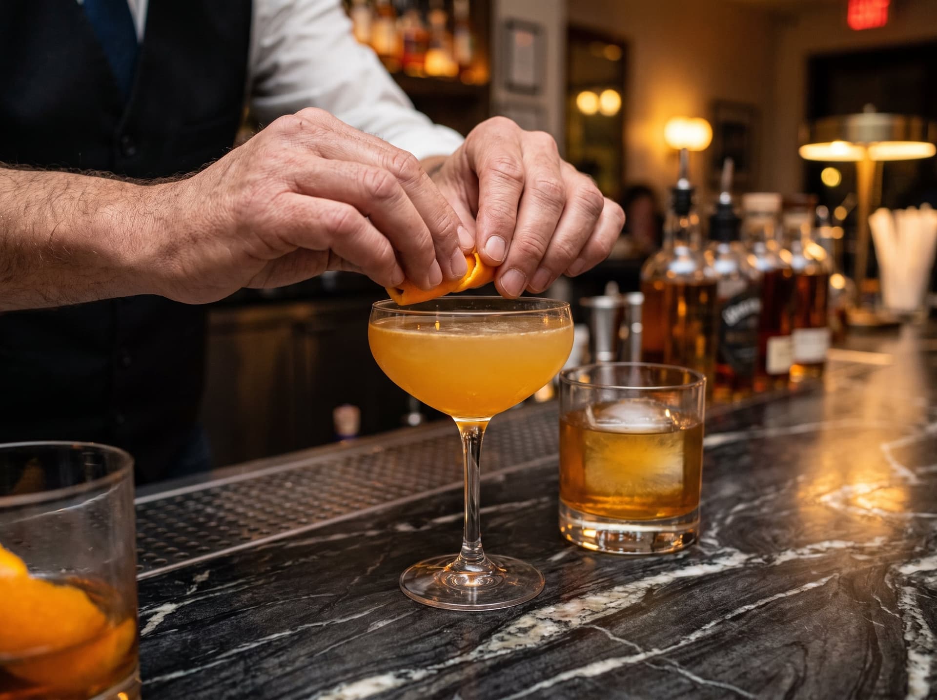 A bartender garnishing a citrus cocktail on a marble restaurant bar