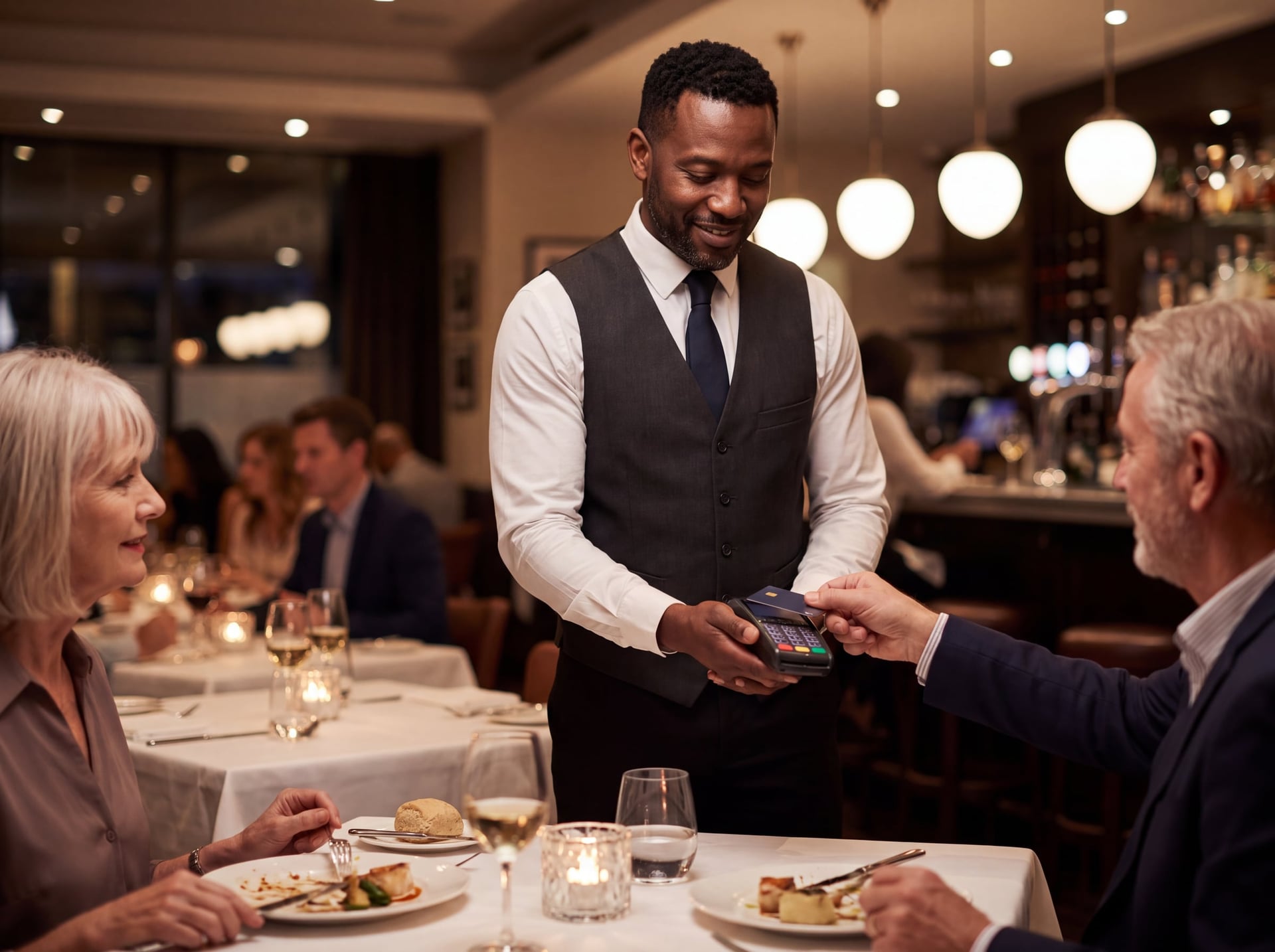 A server presenting a handheld card reader at a table in a full-service restaurant