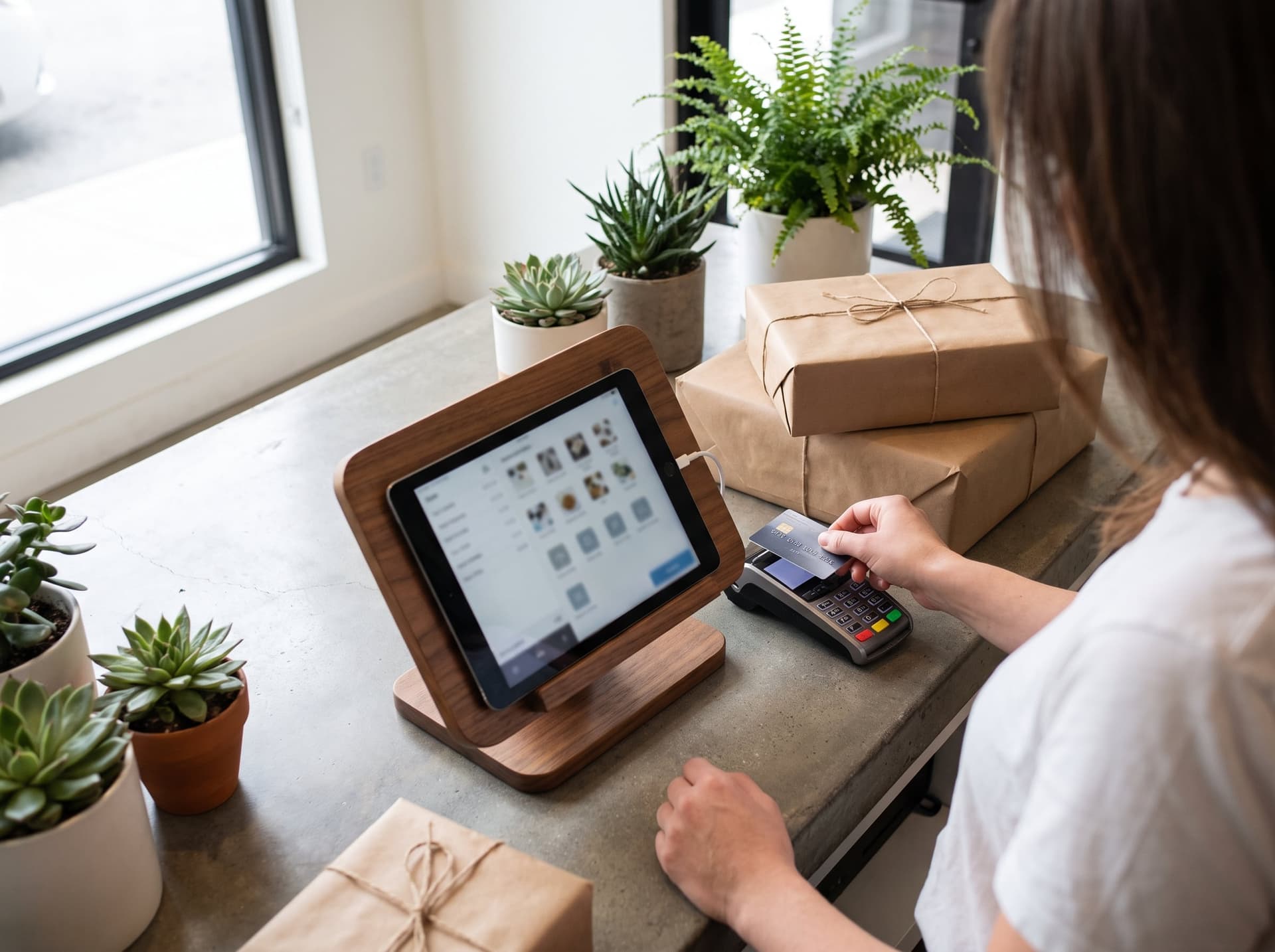 A tablet POS on a stand at a retail counter beside wrapped purchases