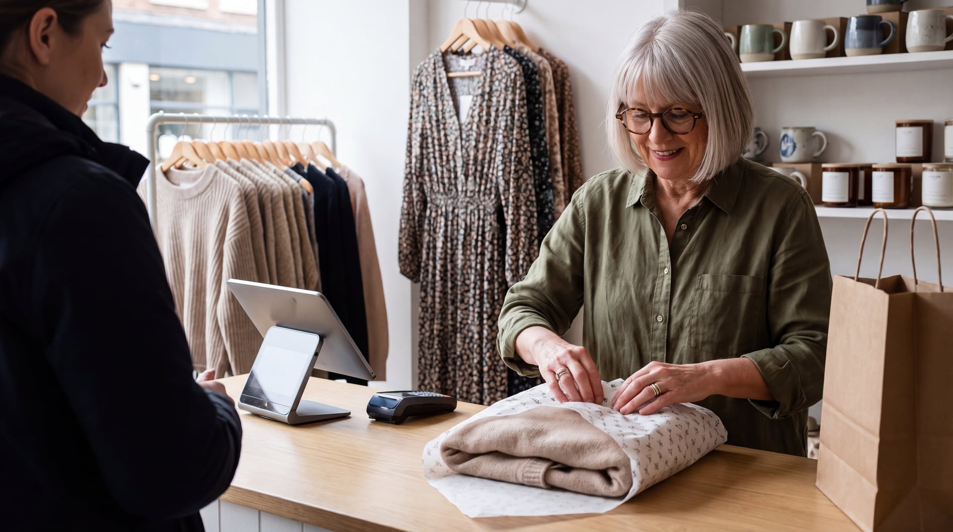 A boutique owner wrapping a purchase at the counter beside a tablet POS